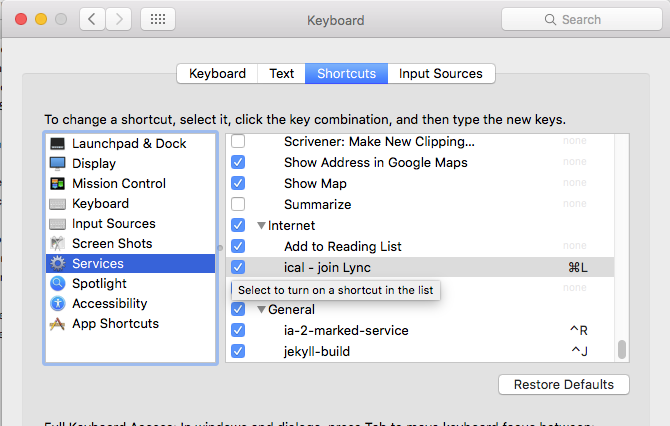 Service Keyboard Shortcut
